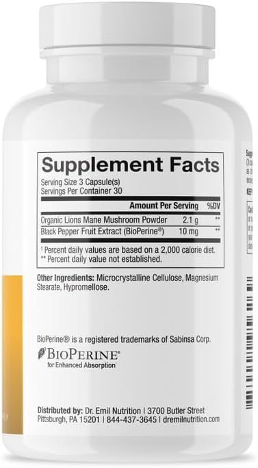 DR. EMIL NUTRITION 2100mg Organic Lions Mane Supplement Capsules - Focus, Mental Clarity & Cognition - Nootropic Lion's Mane Mushroom Supplement with Organic Lions Mane