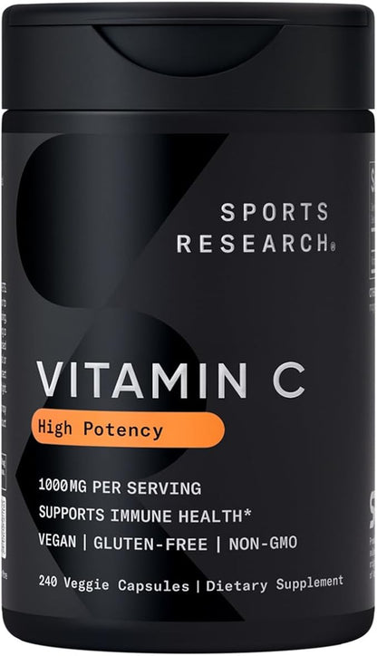 Sports Research High Potency Vitamin C Supplement - Vegan Veggie Capsules for Antioxidant Activity & Immune Support - Non-GMO Verified & Gluten Free - Ascorbic Acid Vitamin C 1000mg, 240 Count