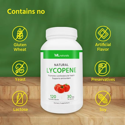 Natural Lycopene 30 mg 120 Vegetable Capsules. All-Natural from Tomatoes. Antioxidant & Immune Support, Cardiovascular Health & Prostate Health.