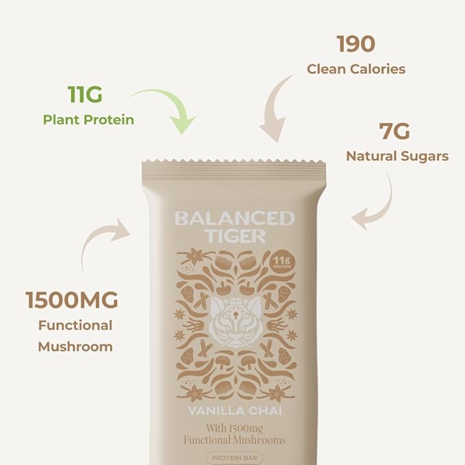 Organic Functional Mushroom Protein Bars | Full Dose (1500mg) Lions Mane, Chaga, Reishi & Cordyceps Bars | Vegan Protein Bars, Adaptogens, Superfoods Protein Bars | Vanilla Chai Flavor