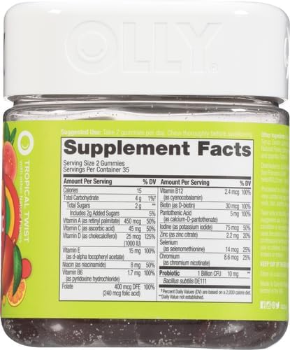 Olly Multi + Probiotic Adult Multivitamin Gummy, 1 Billion CFUs, Digestive and Immune Support Chewable Supplement, 35 Day Supply (70 Gummies), Tropical Twist