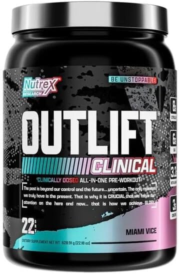Nutrex Research Outlift Clinical | Clinically Dosed Pre Workout Powder with Creatine, 8G Citrulline, EAA | Energy, Performance, Pump Preworkout | Pineapple and Coconut | (22 Servings, Miami Vice)