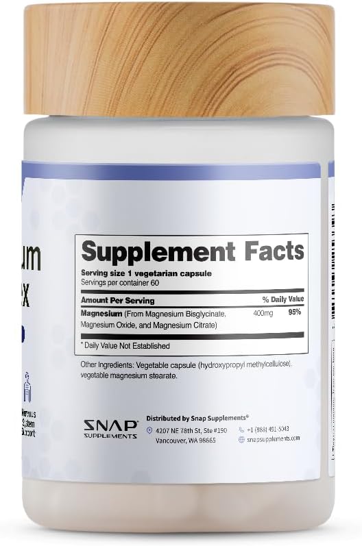 Snap Supplements 3-in-1 Magnesium Complex Supplement, Magnesium Bisglycinate, Oxide, Citrate, Triple Magnesium Complex, 60 Capsules
