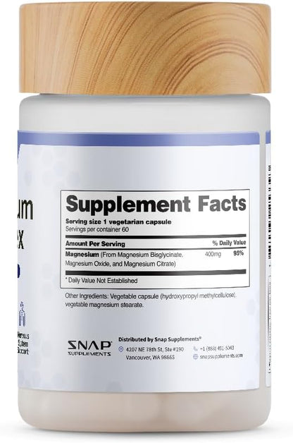 Snap Supplements 3-in-1 Magnesium Complex Supplement, Magnesium Bisglycinate, Oxide, Citrate, Triple Magnesium Complex, 60 Capsules
