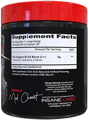 Insane Labz The Surgeon BCAA Recovery Powder - Branched Chain Amino Acid Post Workout Drink for Muscle Recovery - 30 Srvgs (30 Servings (Pack of 1), Blue Raspberry)