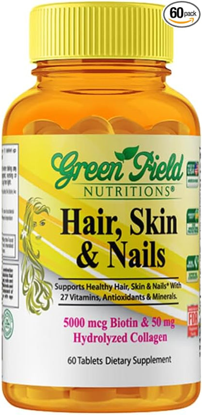Greenfield Nutritions Halal Biotin Tablet for Adult - 60 Halal Multivitamin for Hair Skin and Nails - High potency 5000mcg Biotin with 50mg Collagen and Minerals - Gelatin Gluten Free, Non-GMO Vitamin