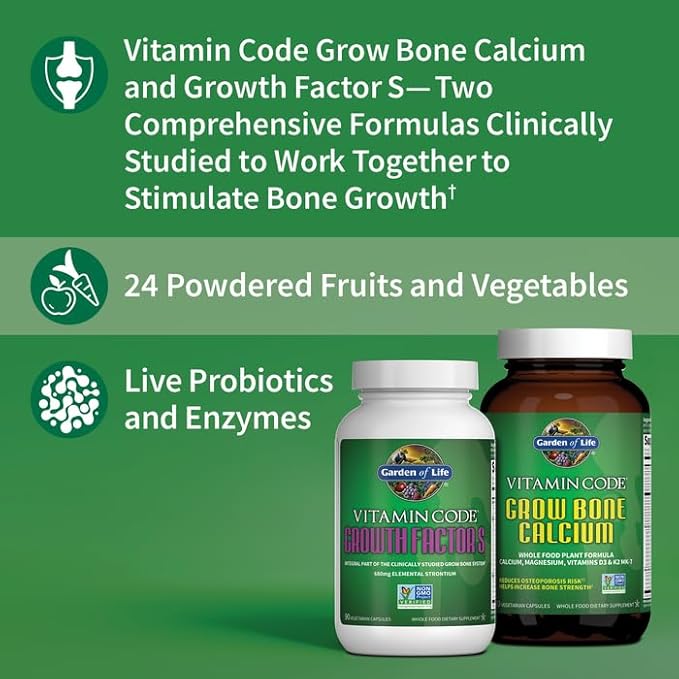 Garden of Life Calcium Supplement - Vitamin Code Grow Bone Made with Whole Foods, Strontium, Magnesium, K2 MK7, Vitamin D3 & C Plus Probiotics for Gut Health, 30 Day Supply