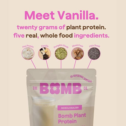 The Bomb Co. Bomb Plant Protein, Protein Powder with 20g Protein, Amino Acids, Zero Sugar, Pea Protein, Chia Seeds, Pumpkin Seeds, Vanilla & Monk Fruit, Gluten Free, Vanilla Flavor, 20 Srvgs