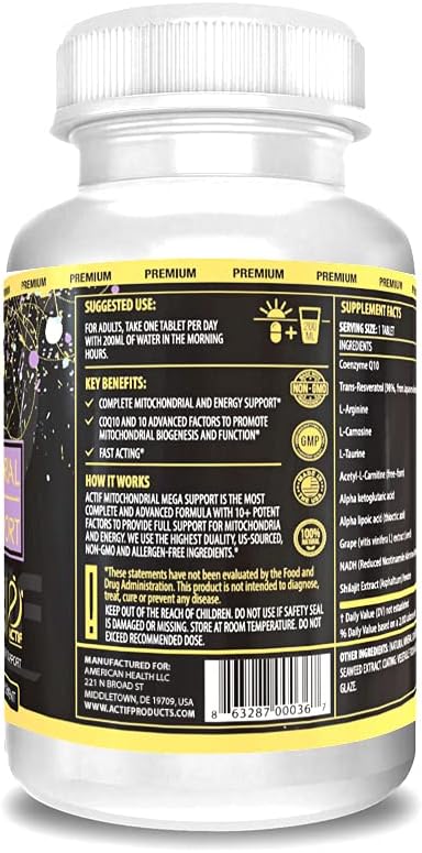 ACTIF Mitochondrial Maximum Support with 10+ Advanced Factors - Non GMO, Fast Acting, Mitochondria and Energy Support, Made in USA, 60 Count