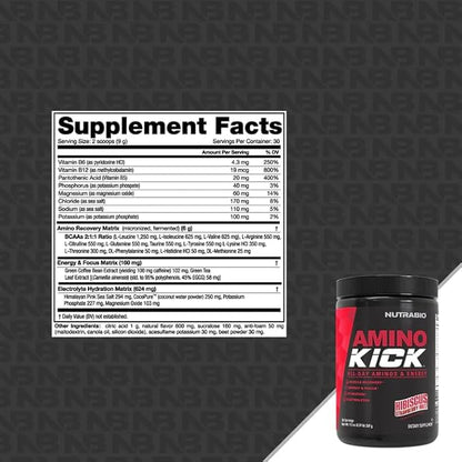 NutraBio Amino Kick - Amino Acid Energy Formula - BCAA's, Electrolytes for Hydration, Natural Caffeine- 30 Servings(Hibiscus Strawberry Buzz)