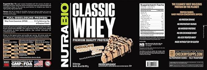 NutraBio Classic Whey Protein Powder- Full-Spectrum Amino Acid Profile - No Fillers, Artificial Colors, Preservatives - Low Glycemic Index - (Chocolate Peanut Butter, 2 Pounds)