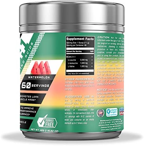 BCAA 2:1:1 Branched Chain Amino Acids Supplement | 6000 Mg Per Serving | 60 Servings | Watermelon Flavor