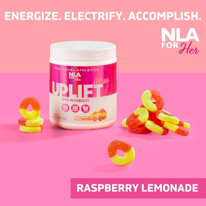 Uplift MAX Pre-Workout Energy For Women (Sour Peach Rings)- 30 Servings- Clean/Sustained Energy, Supports Athletic Performance, Helps Fast Twitch Muscle Fiber Activation (Caffeine, Vegan, GF, 15 Cals)