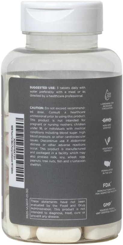 Pure for Men Pump Enhancer | Pre Workout Supplement for Muscle Pump, Stamina and Increased Blood Flow | Nitric Oxide Booster with L-Arginine & L-Citrulline | Focus and Energy Support | 90 Count