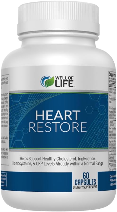 Well of Life Heart Restore: 60 Veg Capsules Helps Healthy Cholesterol, Triglyceride, Homocysteine & CRP Levels Within Normal Range : Made in USA, GMP Certified, Non-GMO