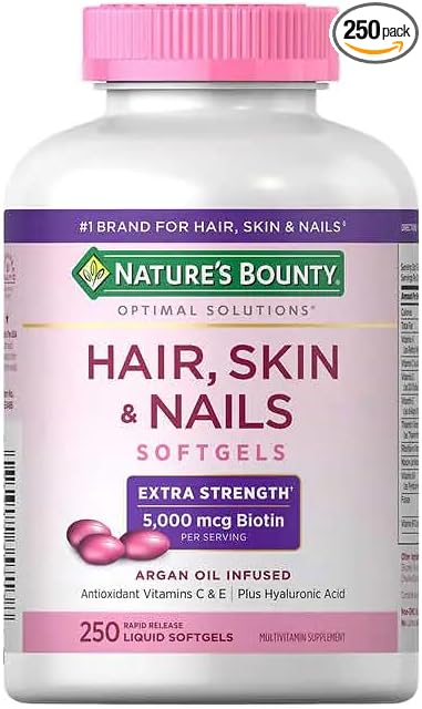 Nature's Hair, Skin and Nails, 250 Softgels Bundle - 5,000 mcg Biotin Dietary Vitamins, Minerals & Supplements for Lustrous Hair Nails & Skin Health