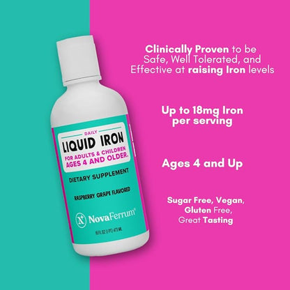 NovaFerrum Yummy 16 Fl Oz | Liquid Iron Supplement for Ages 4 & Up | 18mg of Iron/Tbsp | Gluten Free | Sugar-Free | Raspberry Grape