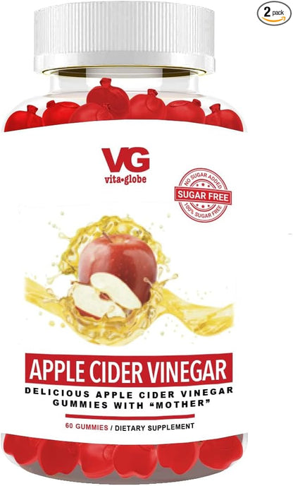 VitaGlobe Apple Cider Vinegar 500mg with B6, B12 and Folate Gummy with Mother - Formulated for Healthy Calorie Loss and Energy Supplement, 60 Count (Sugar-Free)