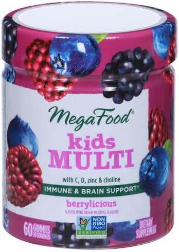 MegaFood Kids Multivitamin Gummies - Kids Vitamins - Age 4+ with Vitamin C, Vitamin D, Zinc, Choline, and Real Fruit - Brain & Immune Support - Berrylicious Flavor - 60 Gummies (30 Servings)
