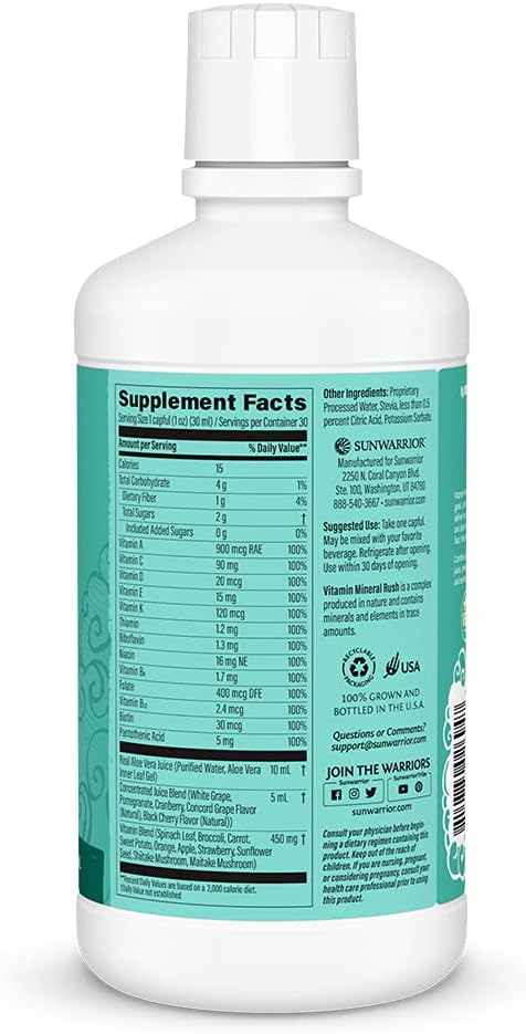Sunwarrior Liquid Multivitamin Supplements & Minerals with Aloe Vera for Men and Women | Energy & Immune Support Gluten Free Sugar Free Dairy Free Vegan Raw Plant Based | Vitamin Mineral Rush 30 Fl Oz