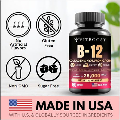 B12 with Hyaluronic Acid, Collagen and Folate – 25000 mcg B12 Methylcobalamin Supplement | Maximize Absorption & Energy | Gluten Free USA Made, B1, B2, B3, B6, B7 Complex - 60 Capsules