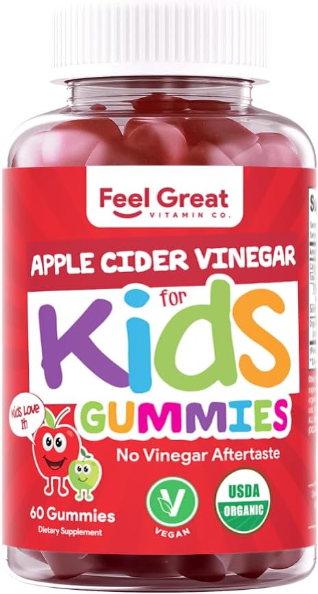 Organic Kids Apple Cider Vinegar Gummies by Feel Great Vitamins | Rich in Digestive Enzymes & Natural Antioxidants for Gut Health | Kids Gummy Supports Healthy Nutrient Absorption | 60 Day Supply
