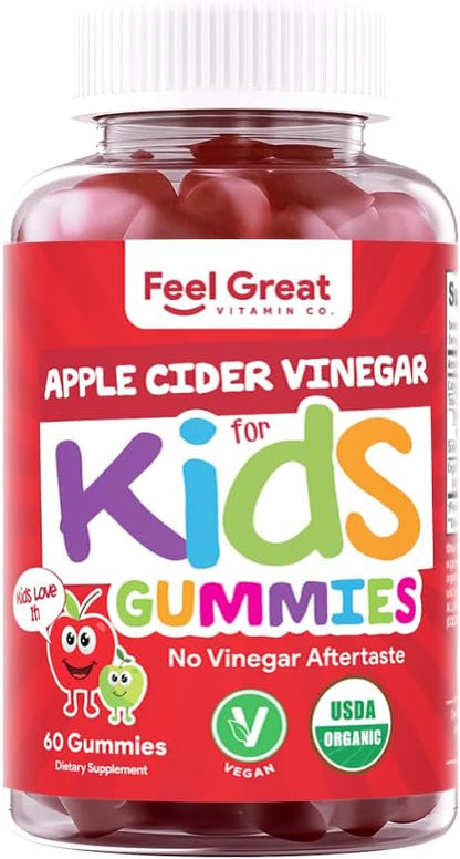 Organic Kids Apple Cider Vinegar Gummies by Feel Great Vitamins | Rich in Digestive Enzymes & Natural Antioxidants for Gut Health | Kids Gummy Supports Healthy Nutrient Absorption | 60 Day Supply
