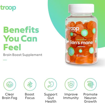 Troop Mushroom Lion's Mane Gummies, Supplement for Focus & Mood, Cognitive, Immune & Memory Support - Brain Boost, Natural Peach Mango Flavored Nootropic with Fruit Body Gummy - Vegan, 60 Count