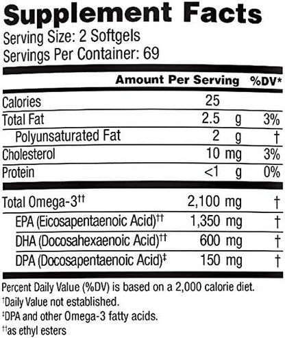 Oceanblue Professional Omega-3 2100 – 138 ct Bonus Bottle– Triple Strength Burpless Fish Oil Supplement with High-Potency EPA, DHA, DPA – Wild-Caught – Orange Flavor, 69 Servings