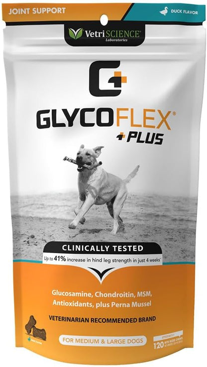 VetriScience GlycoFlex Plus Hip and Joint Supplement for Dogs – Extra-Strength Joint Support Chews with Green Lipped Mussel, Chondroitin, and Glucosamine for Dogs