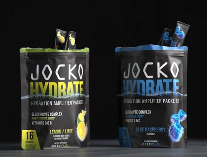Jocko Fuel Hydrate Electrolytes Powder Packets Low Sugar - Hydration Amplifier Packets for Recovery, Dehydration, & Exercise - with Vitamins B6, B12 & C (16 Packets) Lemon Lime