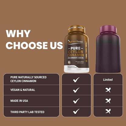 Herbtonics Pure Ceylon Cinnamon Capsules | Immune System, Healthy Weight Management | Non-GMO, Gluten Free | 1500 Mg - 120 Capsules