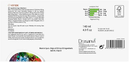 Drasanvi Venox Vials 14 Vials 10ml Each Total Weight 14ml - Health Care - Daily use - Food Supplement - Red Fruit extracts - Natural Ingredients - Horse Chestnut - Vitamins C, E and A.