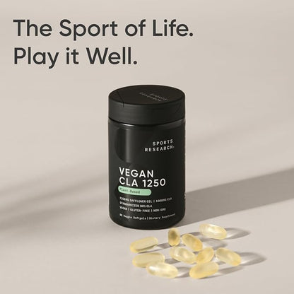 Sports Research Vegan CLA - 1250mg with Active Conjugated Linoleic Acid for Men & Women | Non-GMO, Soy & Gluten Free - 80% (90 Softgels)