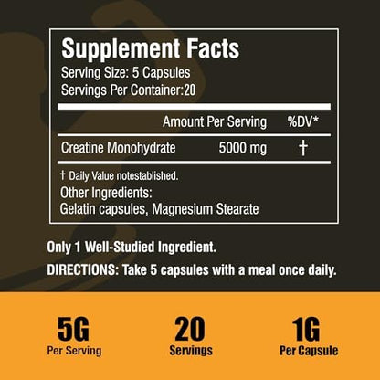 Micronized Creatine Monohydrate Capsules, Creatine Capsules Supplement for Muscle, Strength, Performance, Energy, Recovery, Gluten Free Creatine for Women and Men, 100Capsules (20 Servings)