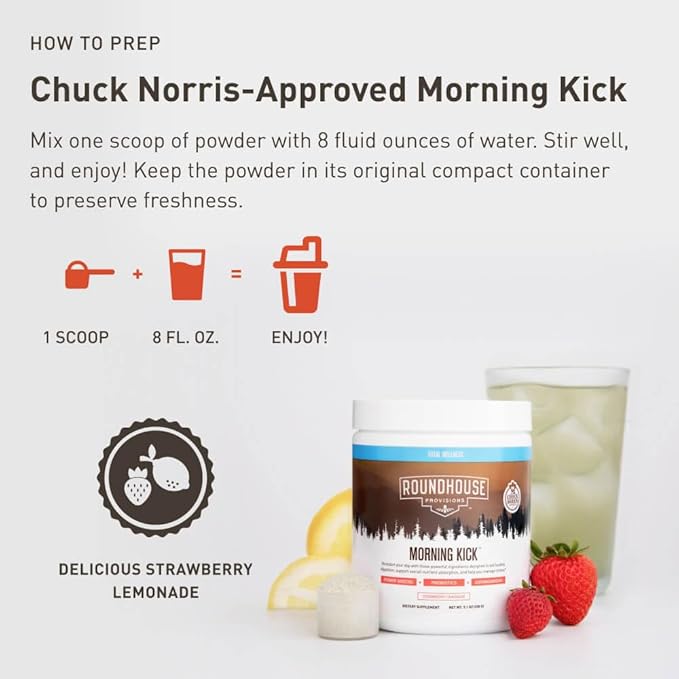 Morning Kick, Greens Superfood Powder Supplement with Ashwaganda, Collagen, Probiotics, Supports Energy Levels, 30 Servings (Strawberry Lemonade) by Chuck Norris