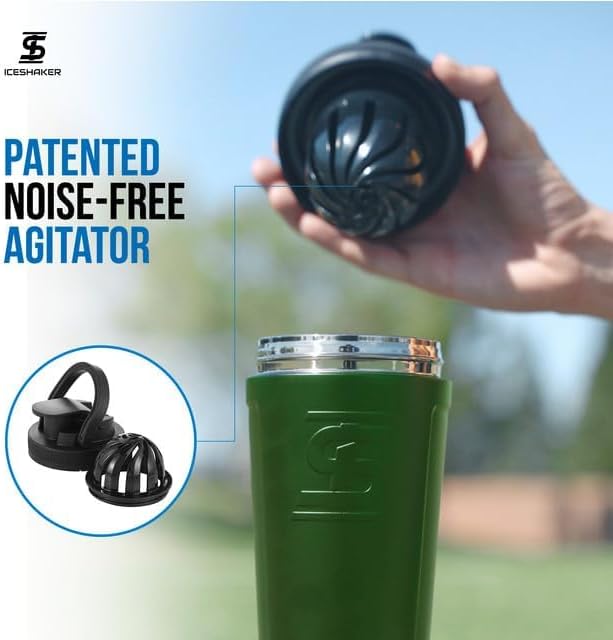 Ice Shaker Insulated Stainless Steel Shaker Bottle | 26oz, Green | Cold for 30+ Hours | Insulated Cup with Twist-on Agitator | Odor-Free Shaker Cup for Protein Shakes, Water, Smoothies, Cocktails
