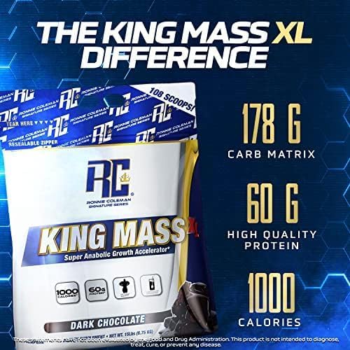 Ronnie Coleman Signature Series King Mass XL Mass Gainer Protein Powder, Muscle Gainer, 60g Protein, 180g Carbohydrates, 1,000+ Calories, Creatine and Glutamine, Strawberry Milkshake, 20 Pound