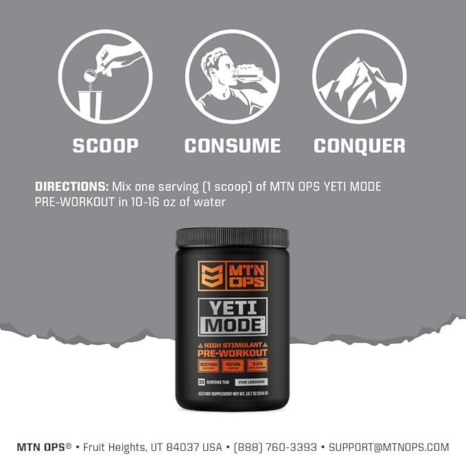 MTN OPS Yeti Mode Pre-Workout Powder - Explosive High-Stimulant with 300mg Caffeine, Creatine Monohydrate, Beta-Alanine, and 45mg Niacin - Sour Smash Flavor in 30 Serving Tub