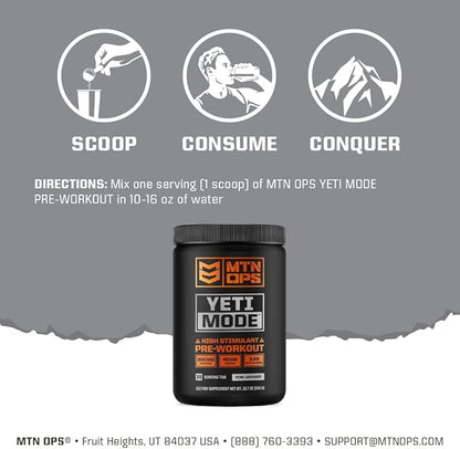 MTN OPS Yeti Mode Pre-Workout Powder - Explosive High-Stimulant with 300mg Caffeine, Creatine Monohydrate, Beta-Alanine, and 45mg Niacin - Sour Smash Flavor in 30 Serving Tub