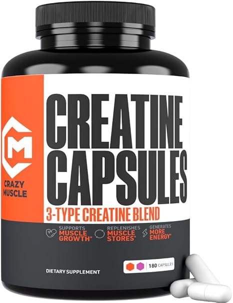 Creatine Capsules - 5g Premium 3X ThreeAtine Pre Workout Bulk Muscle Mass Gainer - High Absorption Easy-to-Take Creatine Monohydrate Pills Alternative Optimum Performance for Men Women - 180 Capsules
