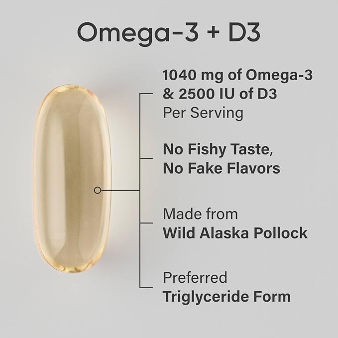 Sports Research Triple Strength 1040mg Omega-3 from Wild Alaska Pollock with Vitamin D3 2500iu | 2-in-1 Vitamin D & Omega DHA Fish Oil Supplement Supporting Heart Health - 120 Softgels