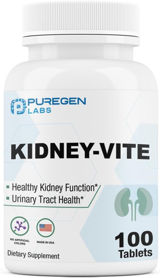 Puregen Labs Kidney-Vite | Premier Kidney, Renal Support | Non-GMO, Gluten-Free, No Artificial Color Additives - 100 Vegetarian Tablets
