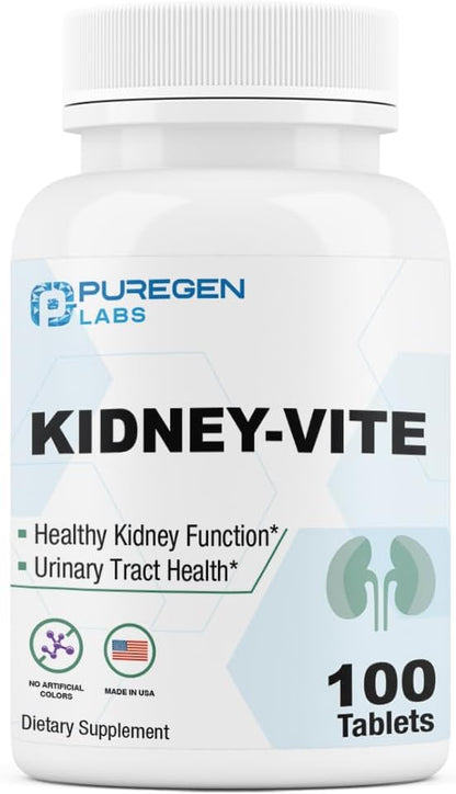 Puregen Labs Kidney-Vite | Premier Kidney, Renal Support | Non-GMO, Gluten-Free, No Artificial Color Additives - 100 Vegetarian Tablets