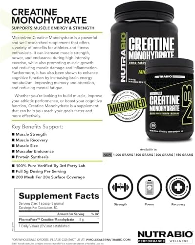 NutraBio Creatine Monohydrate - Micronized Pure Grade - Supports Muscle Energy and Strength - Unflavored, HPLC Tested (500 Grams)