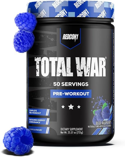 REDCON1 Total War Pre Workout Powder, Blue Raspberry - Beta Alanine + Citrulline Malate Vegan & Keto Friendly Preworkout for Men & Women with 320mg of Caffeine (50 Servings)