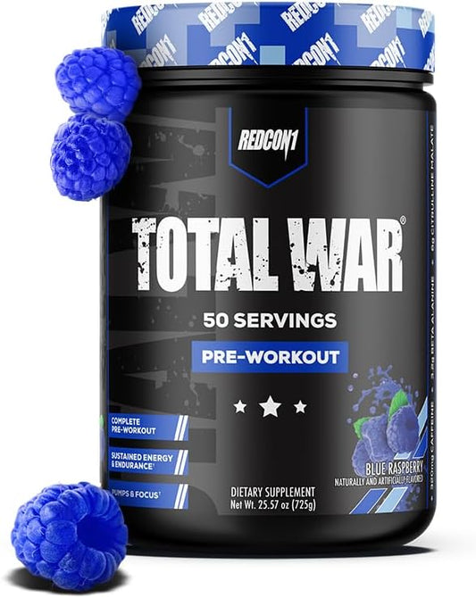 REDCON1 Total War Pre Workout Powder, Blue Raspberry - Beta Alanine + Citrulline Malate Vegan & Keto Friendly Preworkout for Men & Women with 320mg of Caffeine (50 Servings)