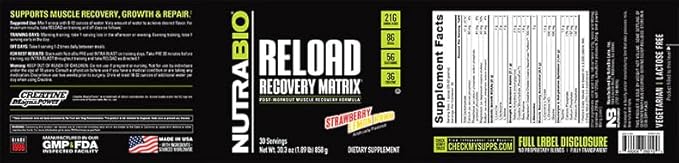 NutraBio Reload - Powerful Muscular Recovery Formula - Post-Workout Supplement - 3G Creatine - 8G BCAAs - 5G Glutamine - 30 Servings, Strawberry Lemon Bomb