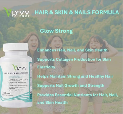LYVV Hair&Skin&Nails Formula with Collagen, Keratin, Hyaluronic Acid, Antioxidants, Methionine, Biotin, Vitamin C, VItamine E and More - 60 Capsules