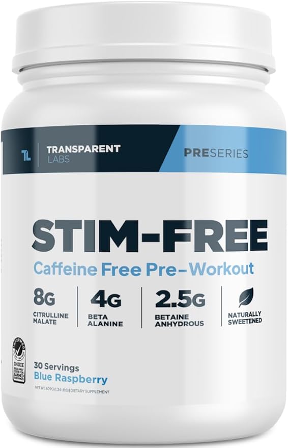 Transparent Labs Stim-Free Pre-Workout - Caffeine & Stim Free Pre Workout Powder for Men and Women with Beta Alanine Powder, Citrulline Malate, & elevATP - 30 Servings, Blue Raspberry